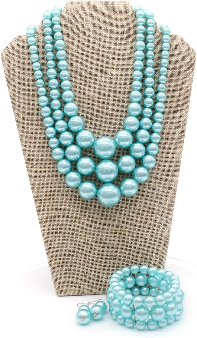 We We Imitation Pearl Necklace for Women Large Chunky Pearl Necklaces Multilayer Pearl Necklace and Earring 1920s Costume Jewelry set