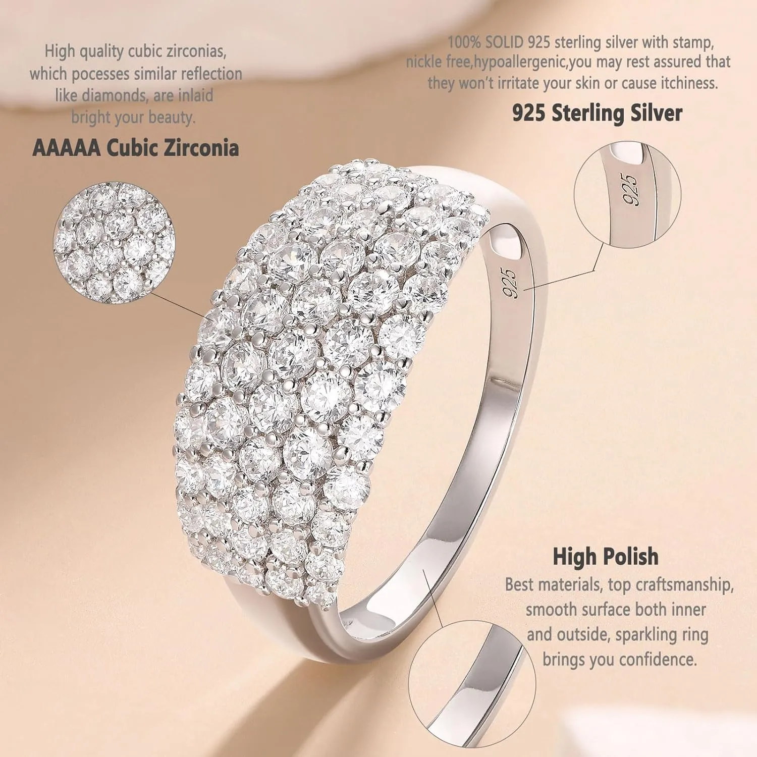 Wide Wedding Bands for Her AAAAA 925 Sterling Silver Engagement Rings for Women Bridal Eternity Cz Size 5-10