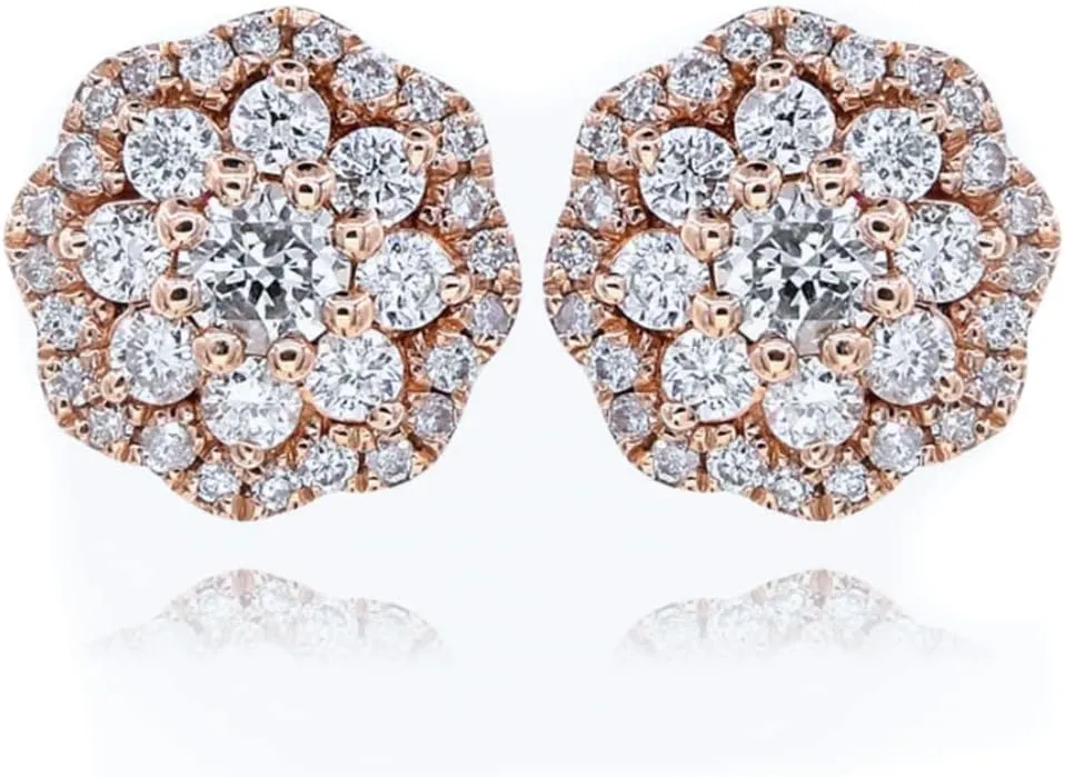 Womens Mens Pink Rose Gold Plated 925 Sterling Silver Iced CZ Circle Flower Cluster Hypoallergenic Round Hip Hop Trendy Fashion Cubic Zirconia Stud Screw Back Earrings