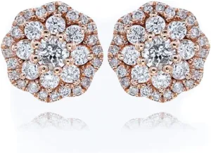 Womens Mens Pink Rose Gold Plated 925 Sterling Silver Iced CZ Circle Flower Cluster Hypoallergenic Round Hip Hop Trendy Fashion Cubic Zirconia Stud Screw Back Earrings