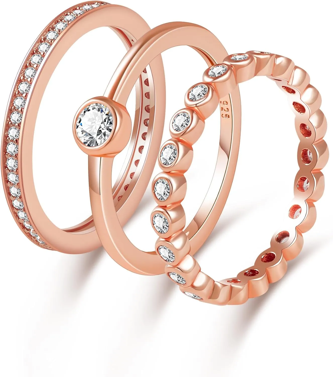 Womens Stackable Rings Set Gold Plated Wedding Bands 925 Sterling Silver Eternity Rings Statement Rings with Cubic Zirconia Size 5-10
