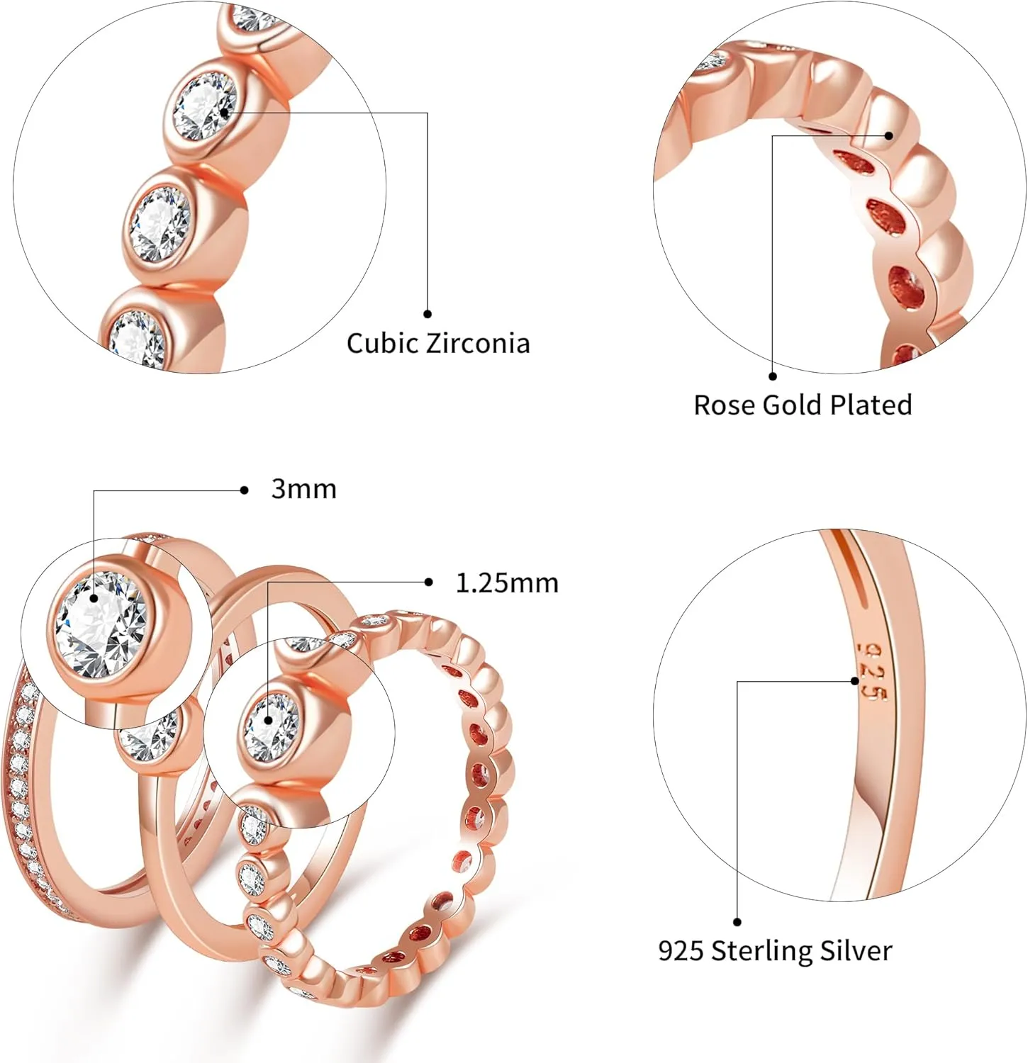 Womens Stackable Rings Set Gold Plated Wedding Bands 925 Sterling Silver Eternity Rings Statement Rings with Cubic Zirconia Size 5-10