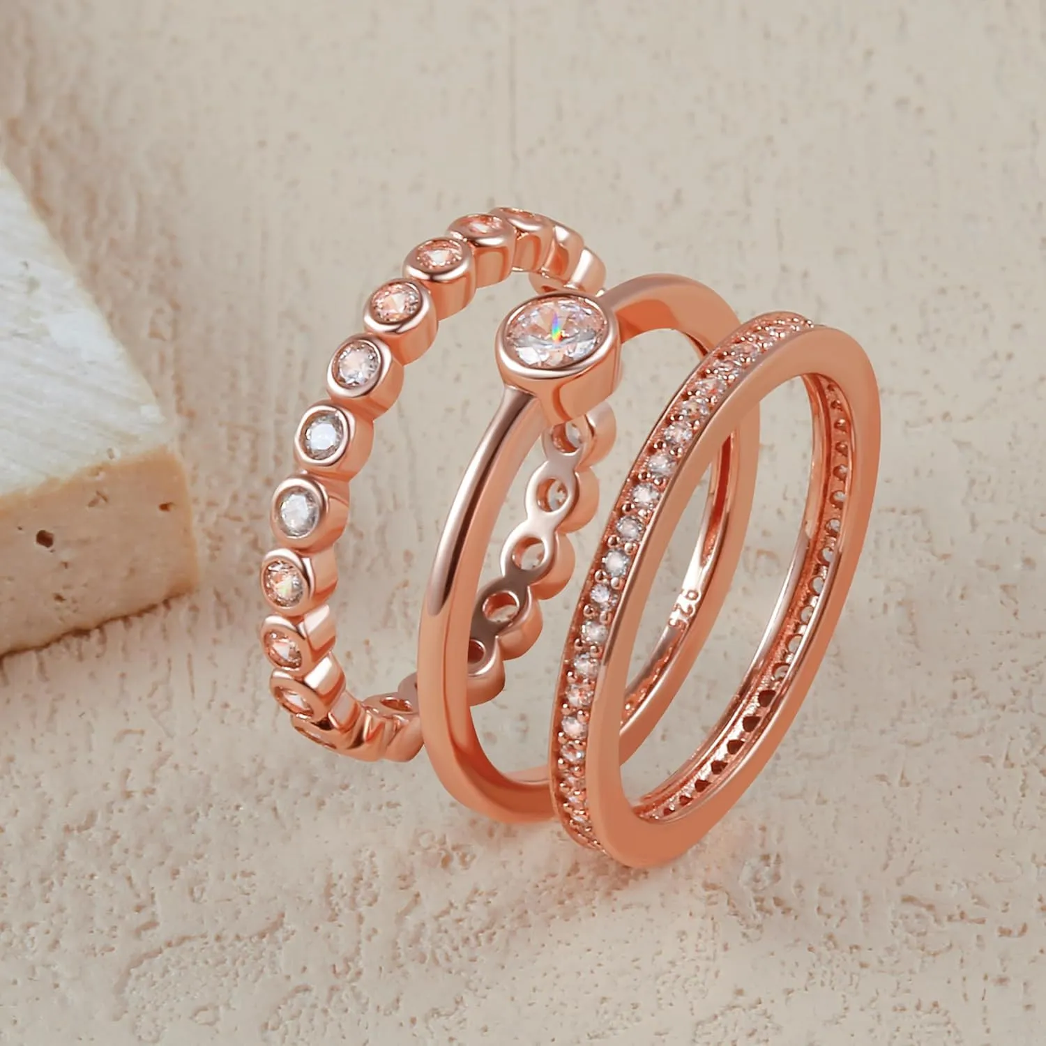 Womens Stackable Rings Set Gold Plated Wedding Bands 925 Sterling Silver Eternity Rings Statement Rings with Cubic Zirconia Size 5-10
