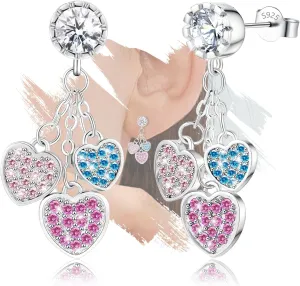 Womens Sterling Silver Heart-Shaped Stud Earrings Hypoallergenic Sparkling Colorful Cubic Zirconia Stud Earrings