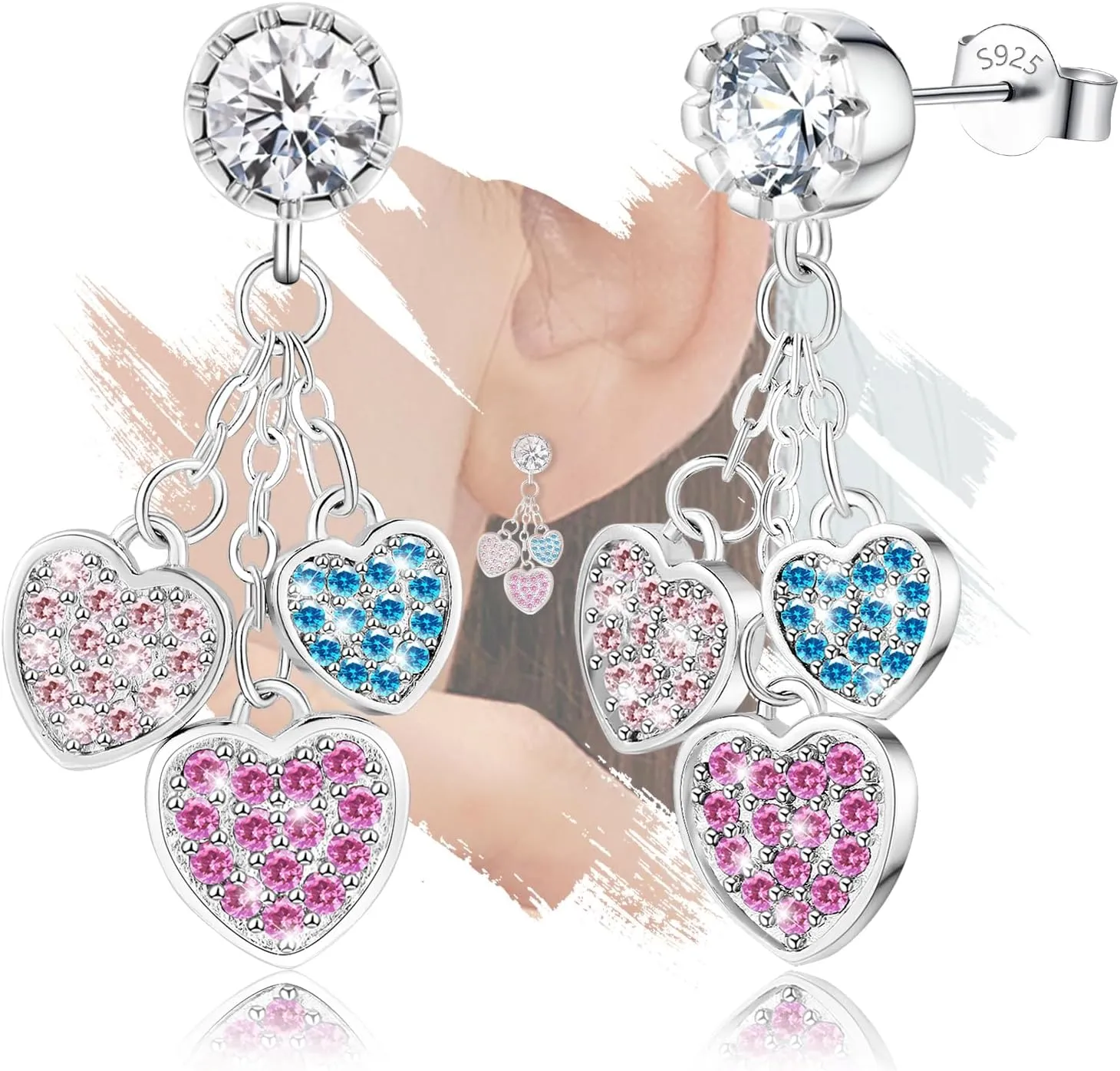 Womens Sterling Silver Heart-Shaped Stud Earrings Hypoallergenic Sparkling Colorful Cubic Zirconia Stud Earrings