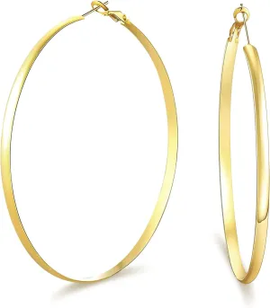 wowshow Large Hoops Earrings for Women, Big Hoop Earrings 14K Real Gold Plated Flat Gold Hoop Earrings for Women Lightweight