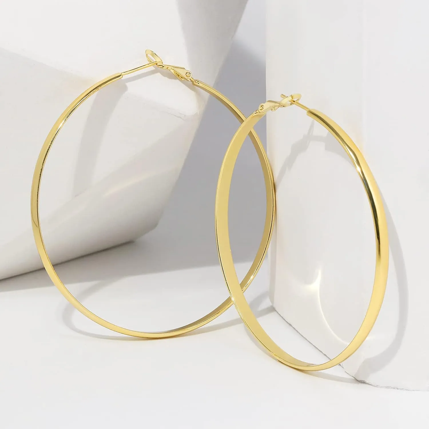 wowshow Large Hoops Earrings for Women, Big Hoop Earrings 14K Real Gold Plated Flat Gold Hoop Earrings for Women Lightweight