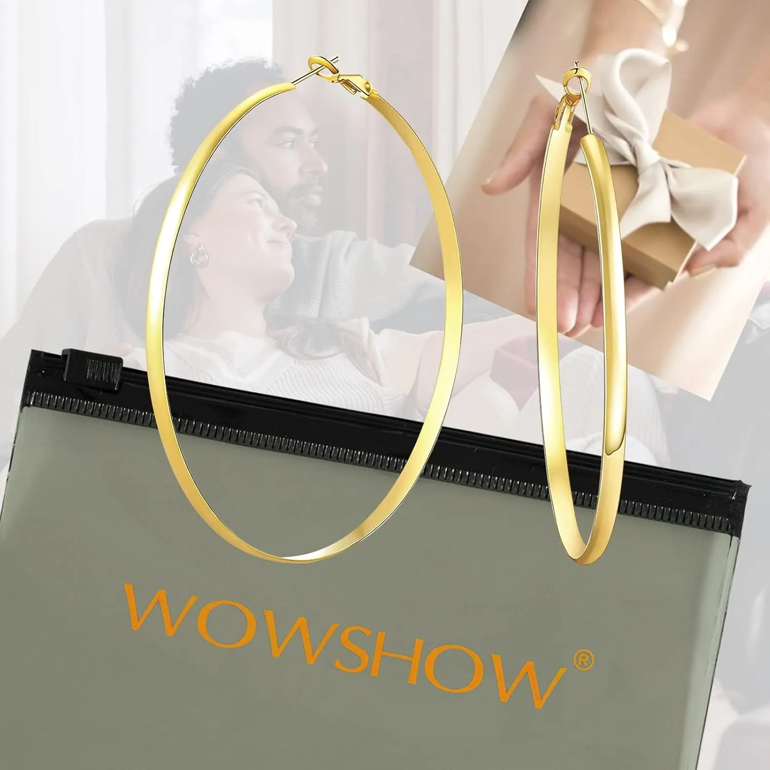 wowshow Large Hoops Earrings for Women, Big Hoop Earrings 14K Real Gold Plated Flat Gold Hoop Earrings for Women Lightweight