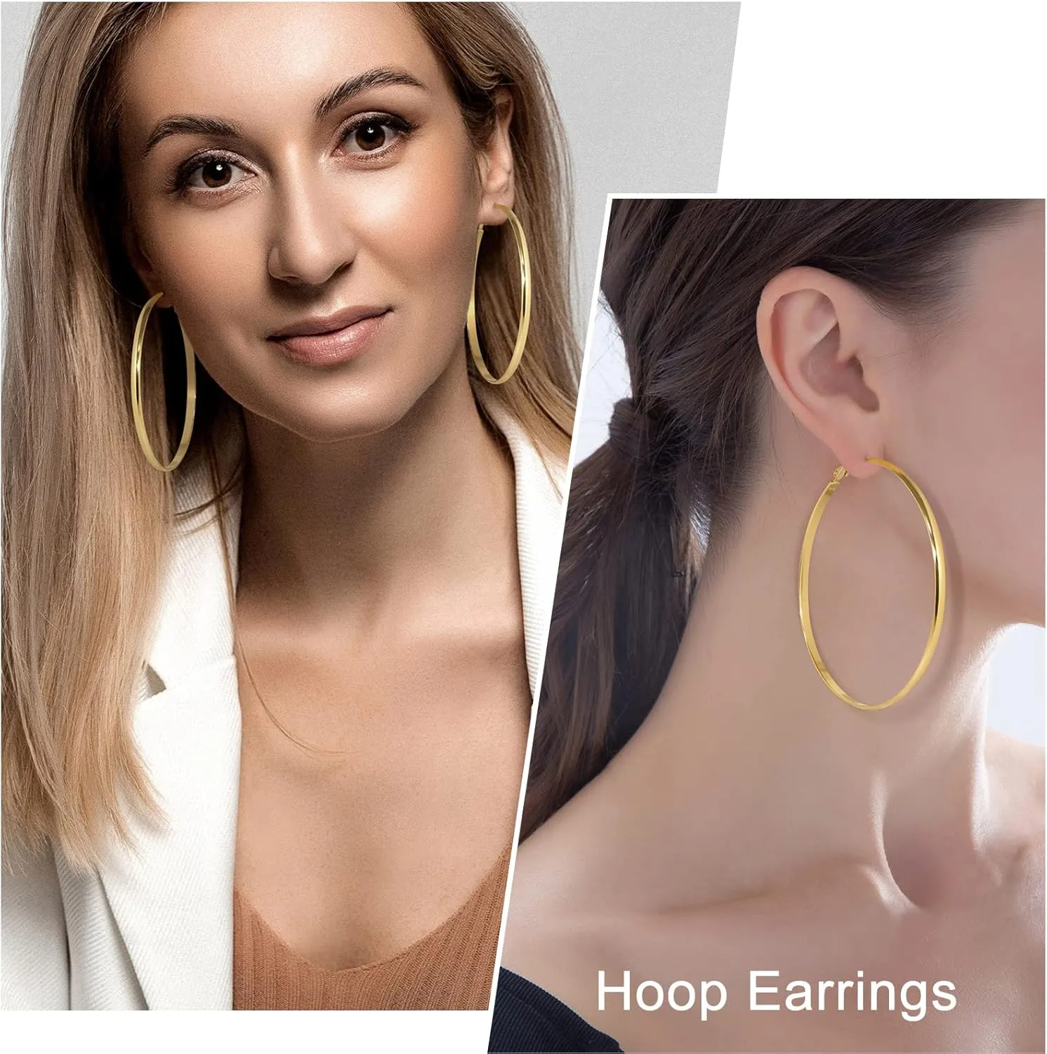 wowshow Large Hoops Earrings for Women, Big Hoop Earrings 14K Real Gold Plated Flat Gold Hoop Earrings for Women Lightweight