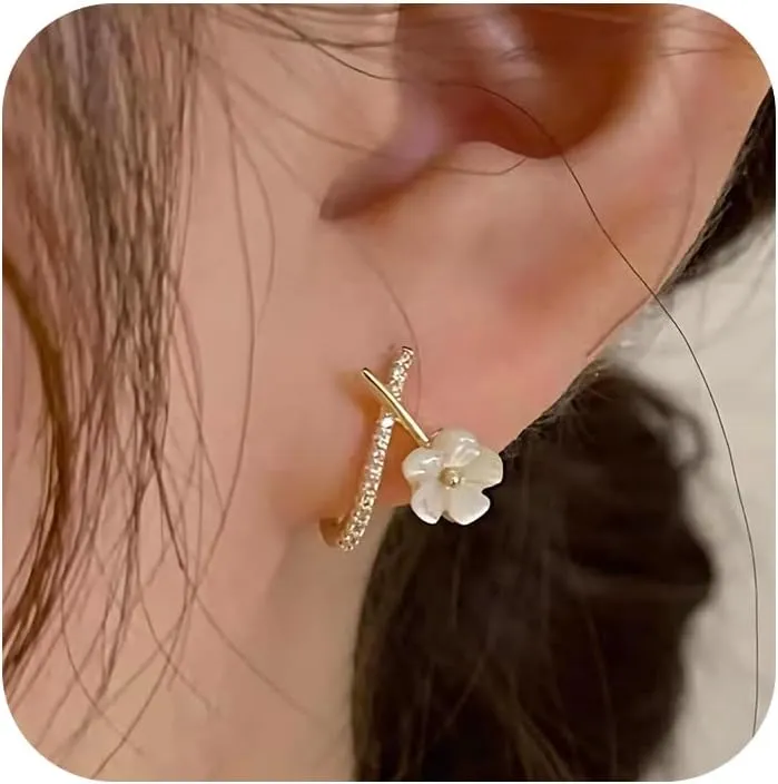 X Shape Flower Stud Earrings for Women Hypoallergenic 14K Gold Plated 925 Sterling Silver Dainty Cubic Zirconia Split Huggie Hoop Earrings Ear Cuff Jewelry
