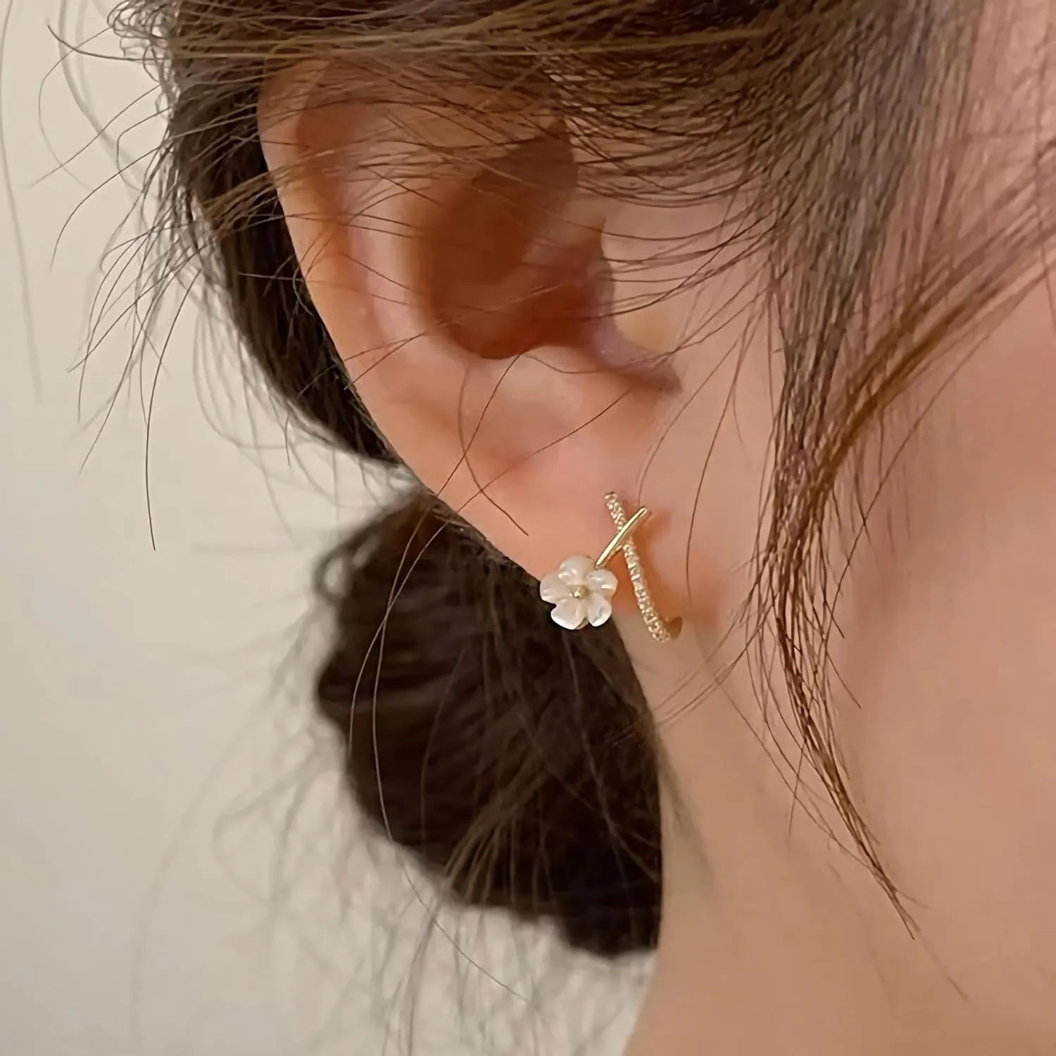 X Shape Flower Stud Earrings for Women Hypoallergenic 14K Gold Plated 925 Sterling Silver Dainty Cubic Zirconia Split Huggie Hoop Earrings Ear Cuff Jewelry