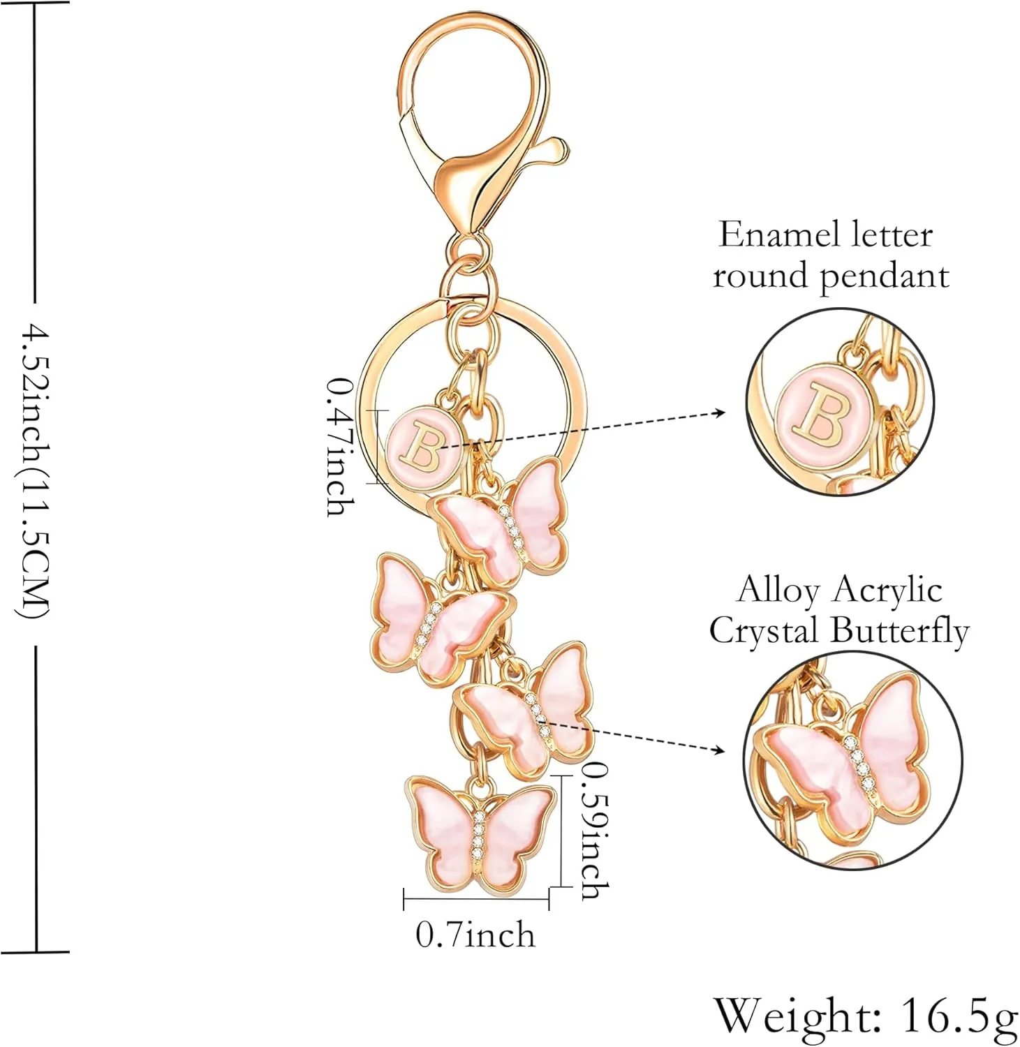 XGALBLA White Pink Black Cute Butterfly Initial Letter Keychain for Women, Butterfly Bag Charms Keyring for Handbags Backpack
