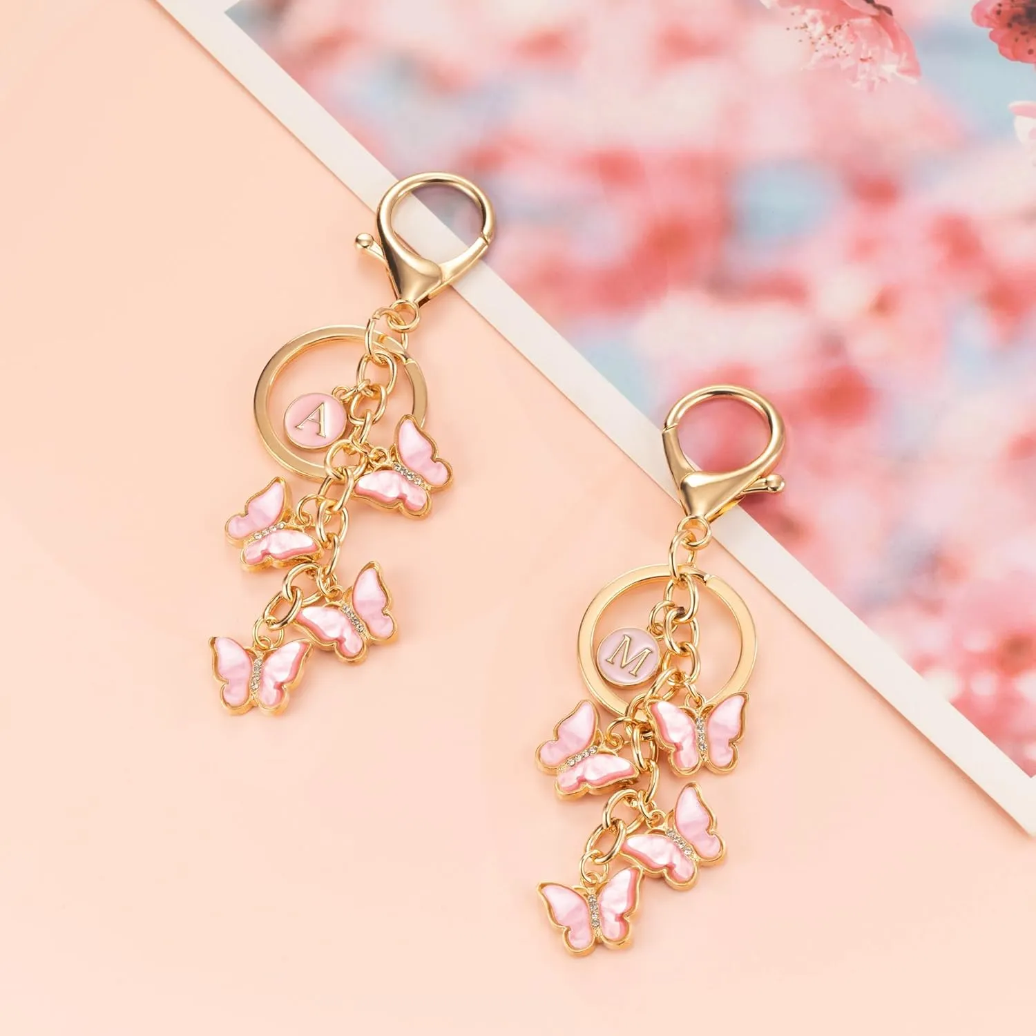 XGALBLA White Pink Black Cute Butterfly Initial Letter Keychain for Women, Butterfly Bag Charms Keyring for Handbags Backpack