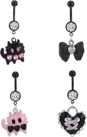 Y2k Belly Button Rings Dangle Stainless Steel Hypoallergenic Navel Piercing Jewelry Cute Belly Rings Set For Women 4PCS