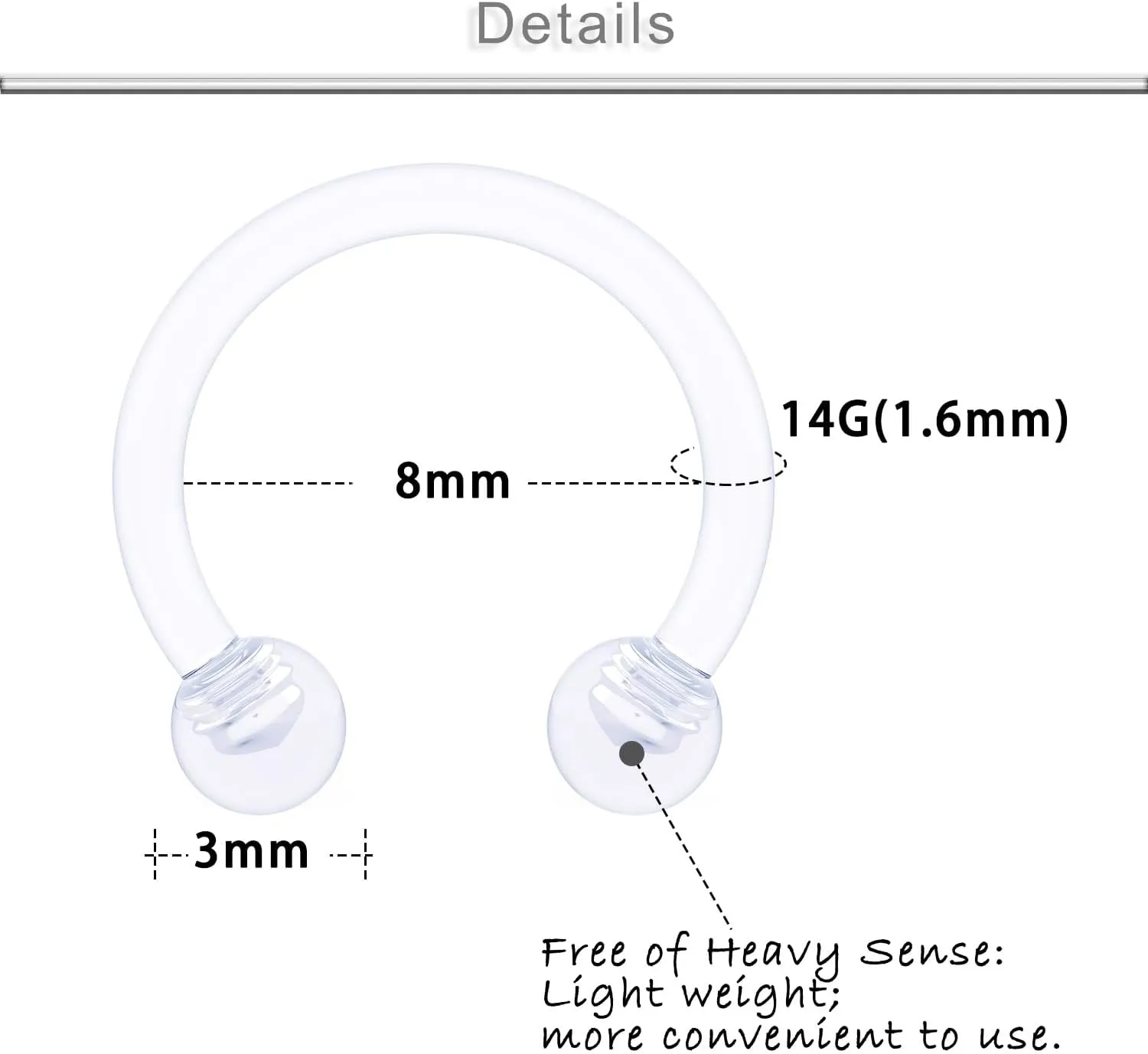Yaalozei 16G 14G Flexible Lip Rings Hoops Nose Septum Eyebrow Rings Clear Acrylic Cartilage Helix Rook Daith Piercing Retainer Plastic Horseshoe Barbell for Work 8mm 10mm