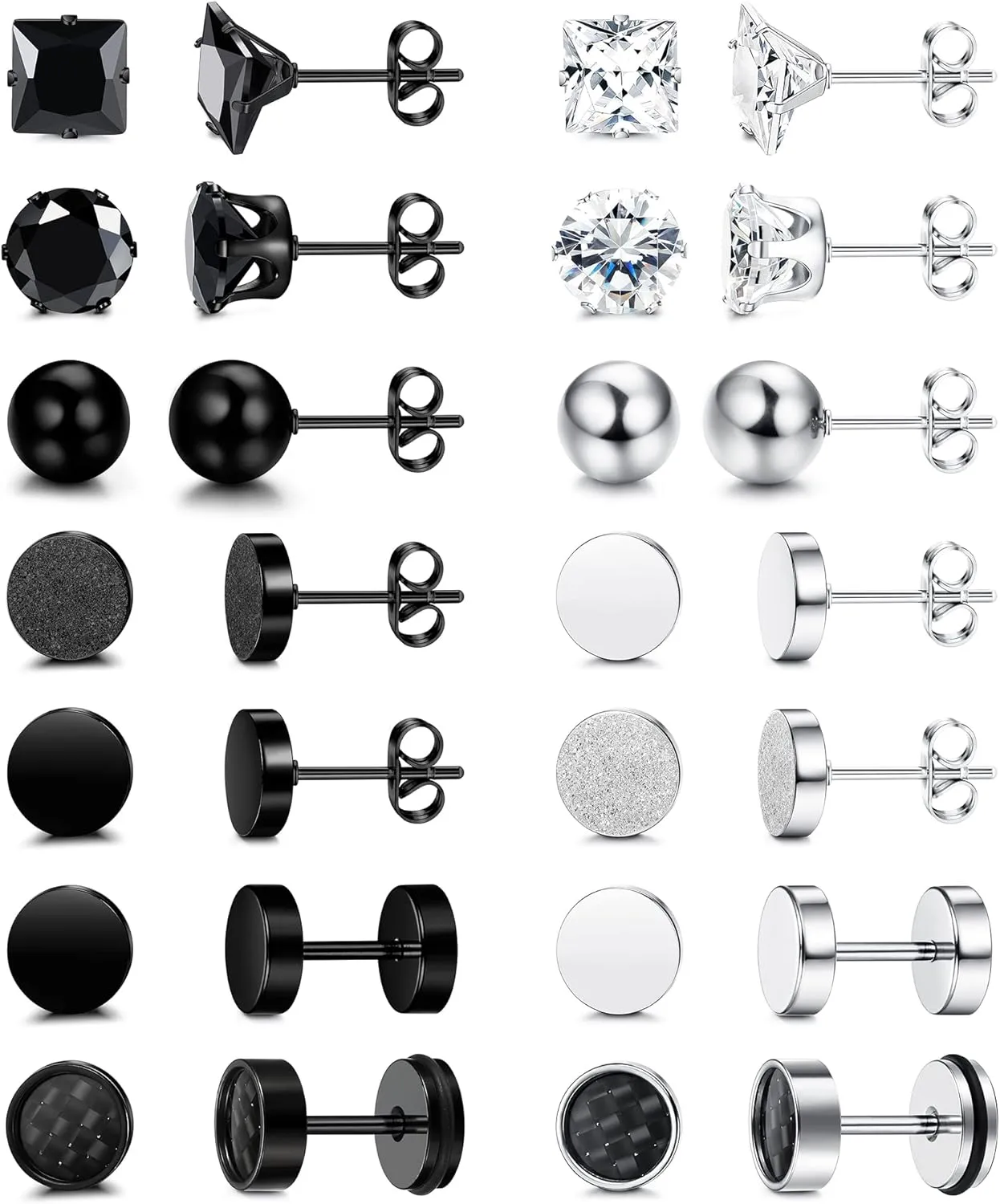 YADOCA 14Pairs Stainless Steel Black Stud Earrings for Men Women Cubic Zirconia Round Stud Earrings Hypoallergenic Unisex Earrings Jewelry Gift