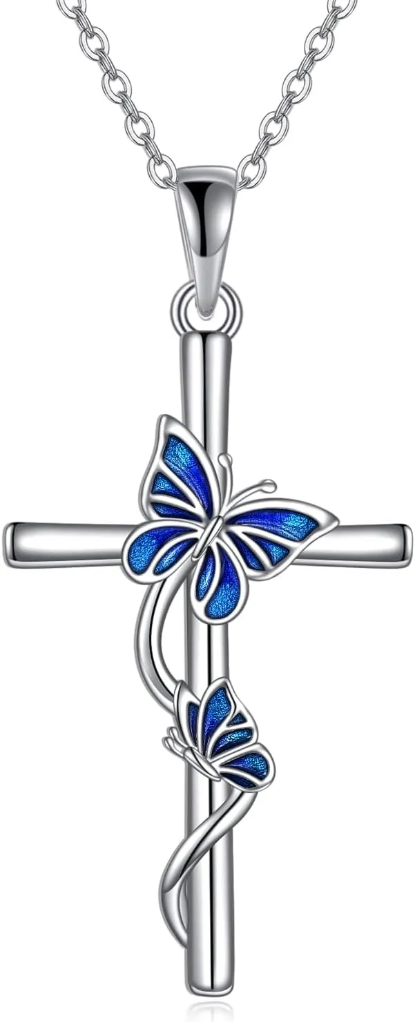 YAFEINI Cross Necklace for Women Sterling Silver Butterfly Bee Ladybug Pendant Necklaces Insect Jewelry Christian Gifts for Girls
