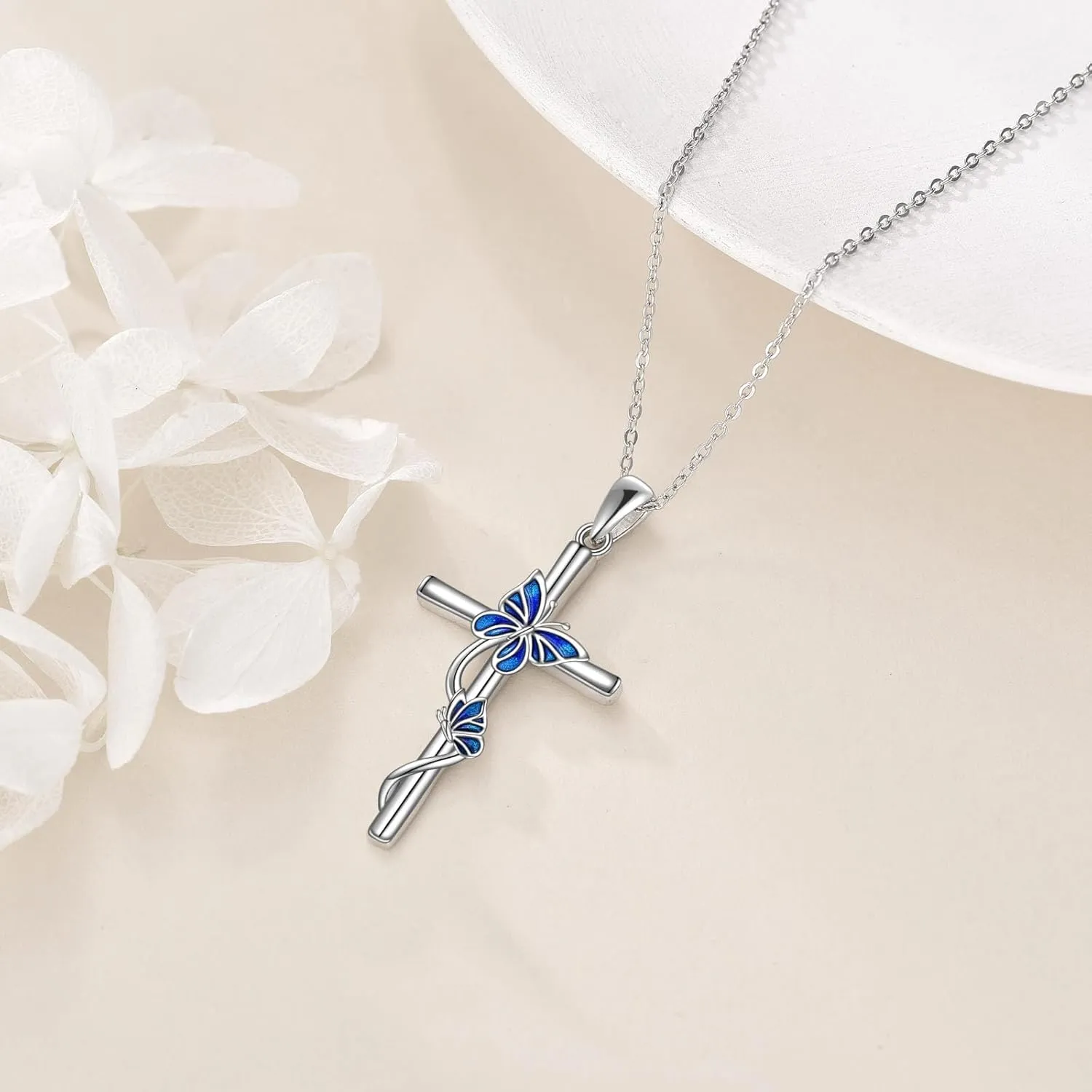 YAFEINI Cross Necklace for Women Sterling Silver Butterfly Bee Ladybug Pendant Necklaces Insect Jewelry Christian Gifts for Girls