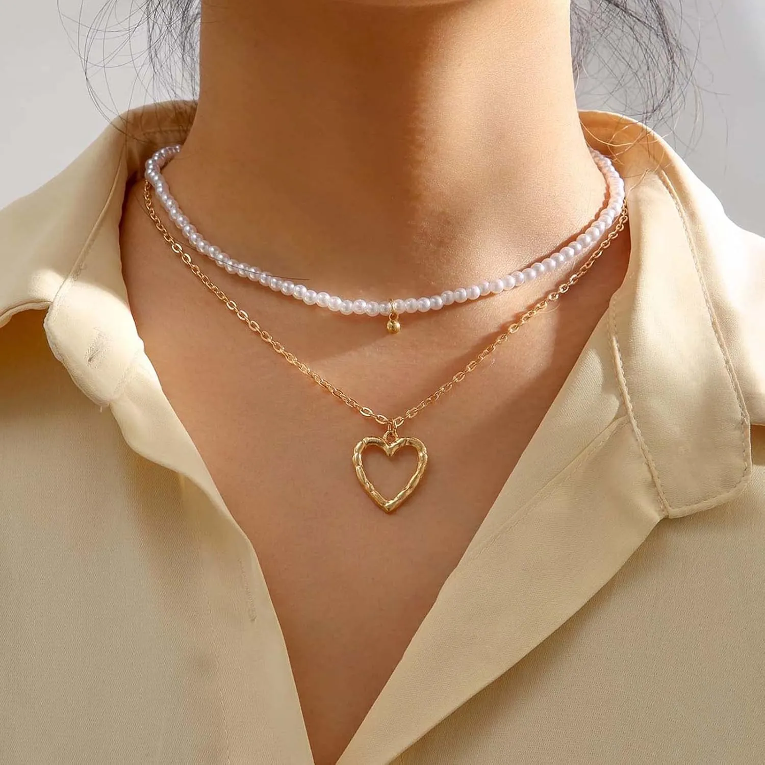 YienDoo Boho Layered Pearl Choker Necklace Chain Vintage Gold Heart Pendant Necklaces Wedding Bridesmaids Stacked Pearl Choker Baroque Pearl Strands Clavicle Chain Jewelry for Women