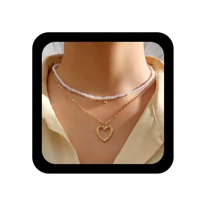 YienDoo Boho Layered Pearl Choker Necklace Chain Vintage Gold Heart Pendant Necklaces Wedding Bridesmaids Stacked Pearl Choker Baroque Pearl Strands Clavicle Chain Jewelry for Women