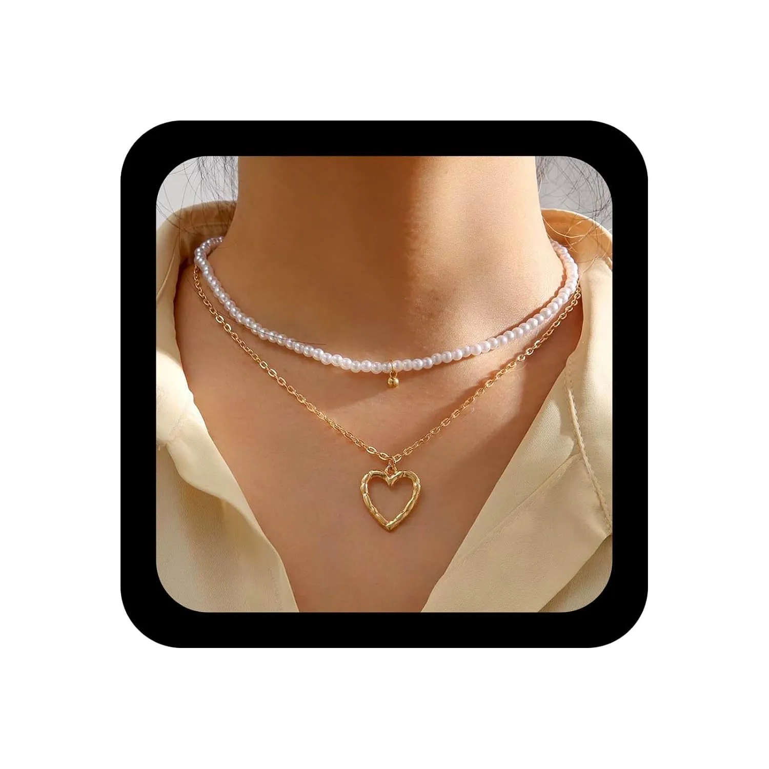 YienDoo Boho Layered Pearl Choker Necklace Chain Vintage Gold Heart Pendant Necklaces Wedding Bridesmaids Stacked Pearl Choker Baroque Pearl Strands Clavicle Chain Jewelry for Women