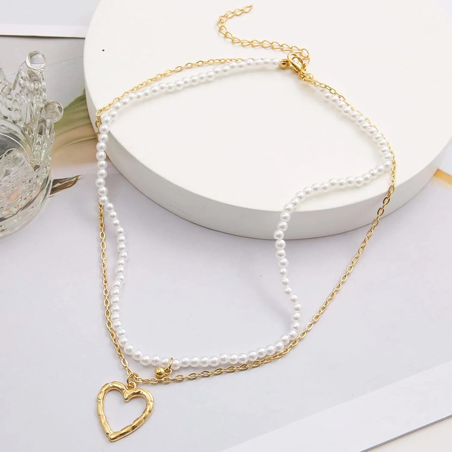 YienDoo Boho Layered Pearl Choker Necklace Chain Vintage Gold Heart Pendant Necklaces Wedding Bridesmaids Stacked Pearl Choker Baroque Pearl Strands Clavicle Chain Jewelry for Women
