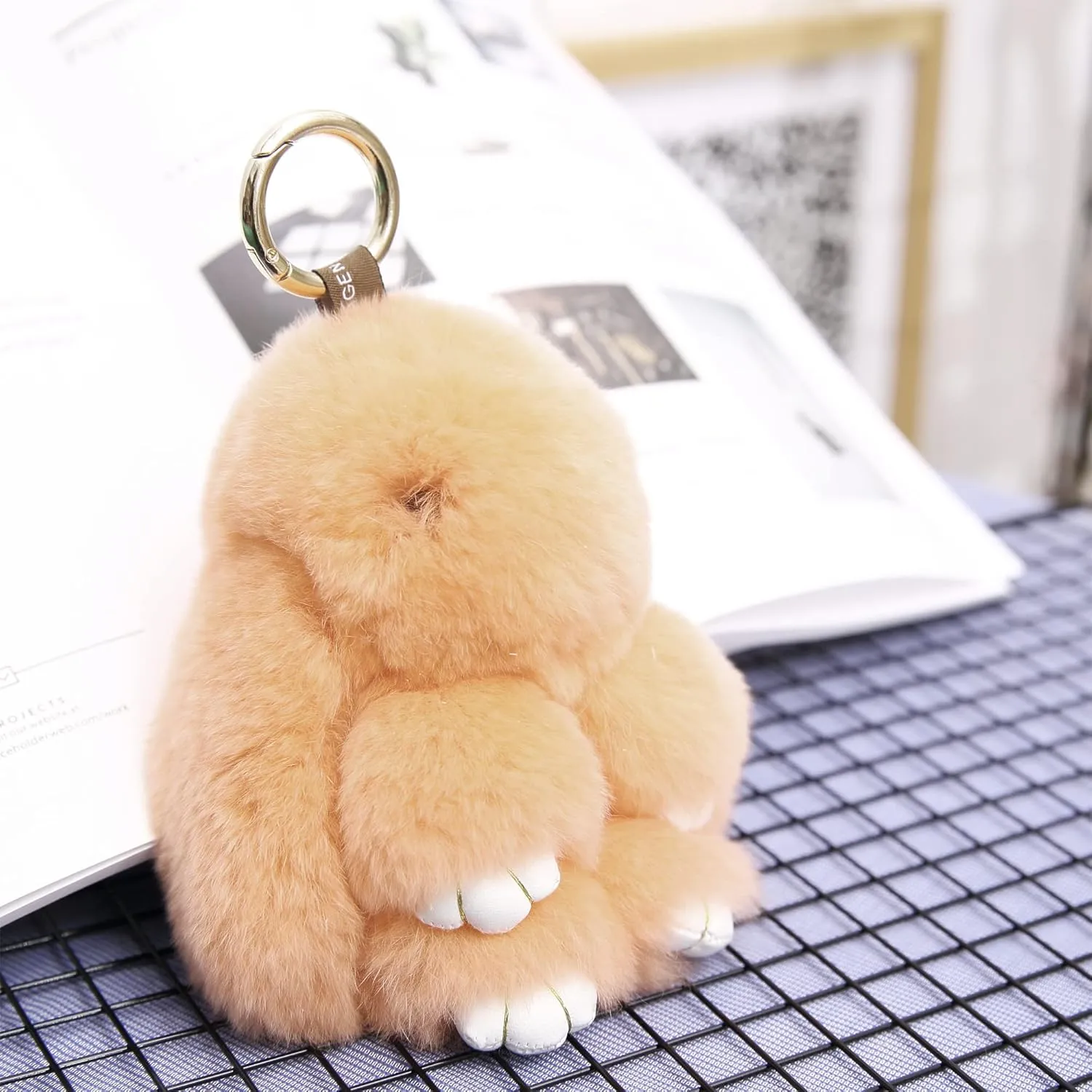 YISEVEN Bunny Stuffed Animal Plush Toy Rabbit Fur Keychain Fluffy Soft Cute Accessories Furry Ball Key Chain Gift for Women Teens Girls Kids Backpack Purse - Champagne Pink