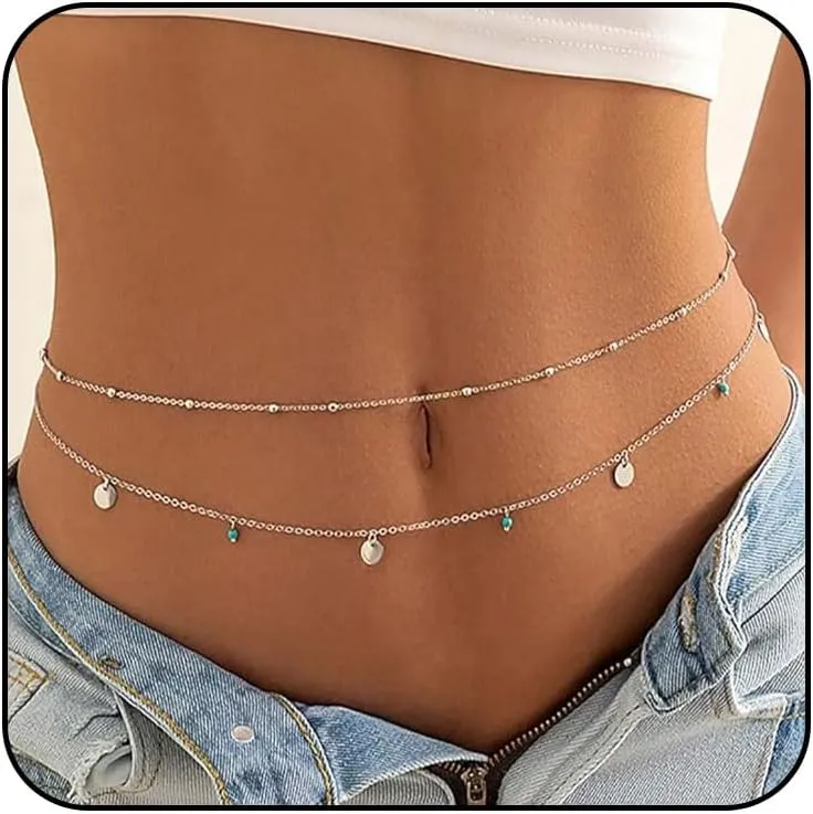 Yonamix Boho Waist Chain Silver Turquoise Belly Chain Layered Body Chains Bikini Beach Body Jewelry Accessories for Women and Girls
