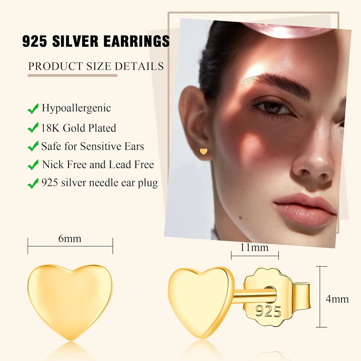 ZDE S925 Sterling Silver Heart Earrings Women Earrings Cubic Zirconia Men Hypoallergenic Non-Nickel Cartilage Earrings Studs Sensitive Ears Simple Classic 5mm Tiny CZ Stud Earrings
