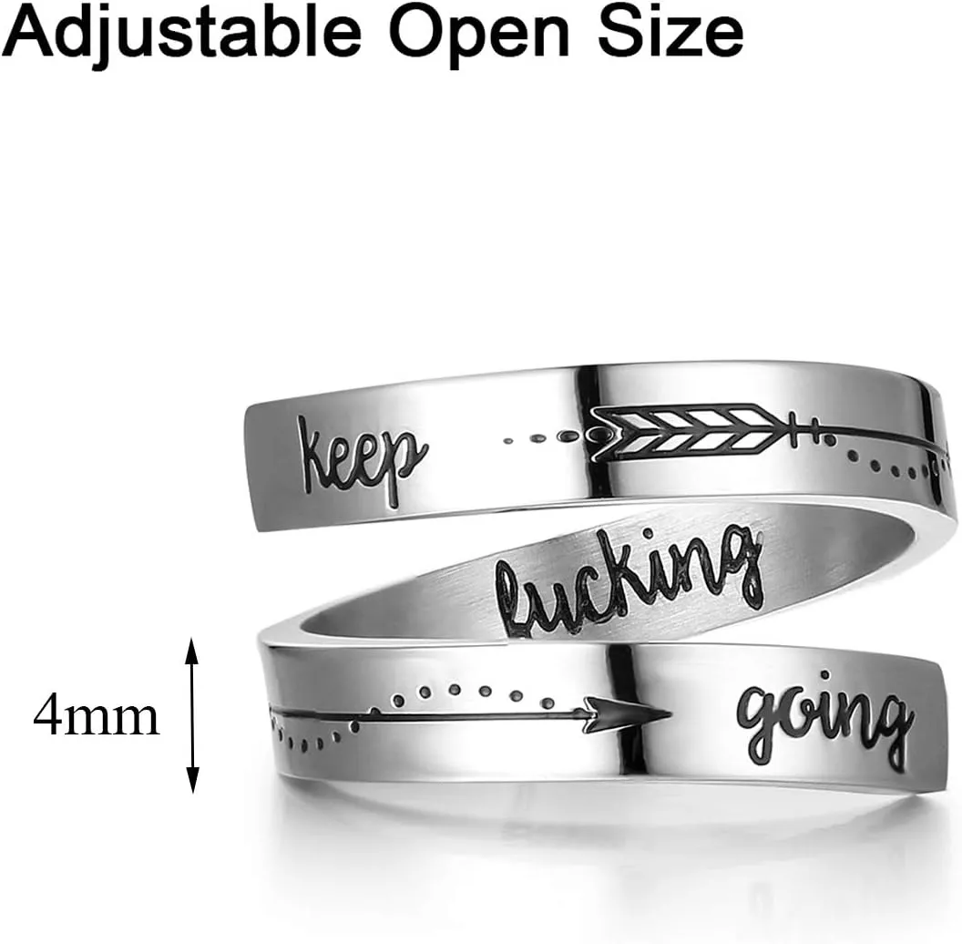 ZRAY Silver Keep Going Ring Inspirational Jewelry Stainless Steel Engraving Size Adjustable Personality Encouragement Gift for Women Teens Girls