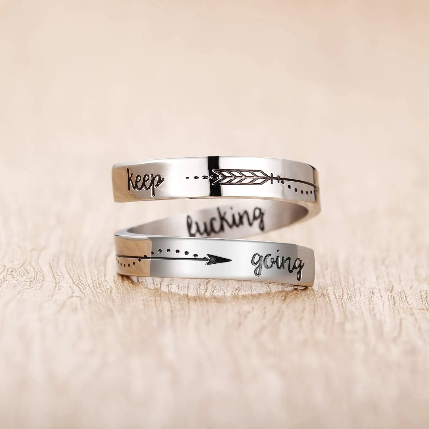 ZRAY Silver Keep Going Ring Inspirational Jewelry Stainless Steel Engraving Size Adjustable Personality Encouragement Gift for Women Teens Girls