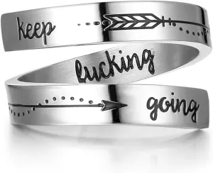 ZRAY Silver Keep Going Ring Inspirational Jewelry Stainless Steel Engraving Size Adjustable Personality Encouragement Gift for Women Teens Girls