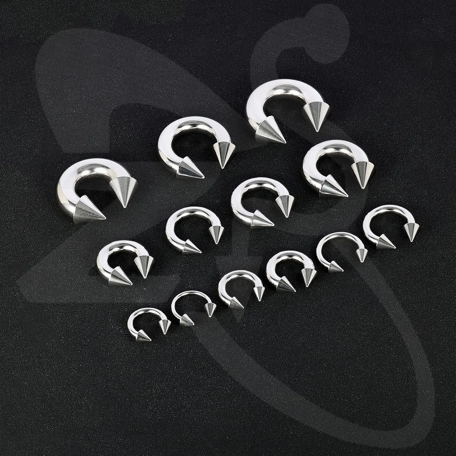 ZS Surgical Steel Spiked Horseshoe Circular Barbell, 00G 0G 2G 4G 6G 8G 12G 16G PA Rings, CBR Nose Septum Nipple Tragus Lip Ear Body Piercing Jewelry