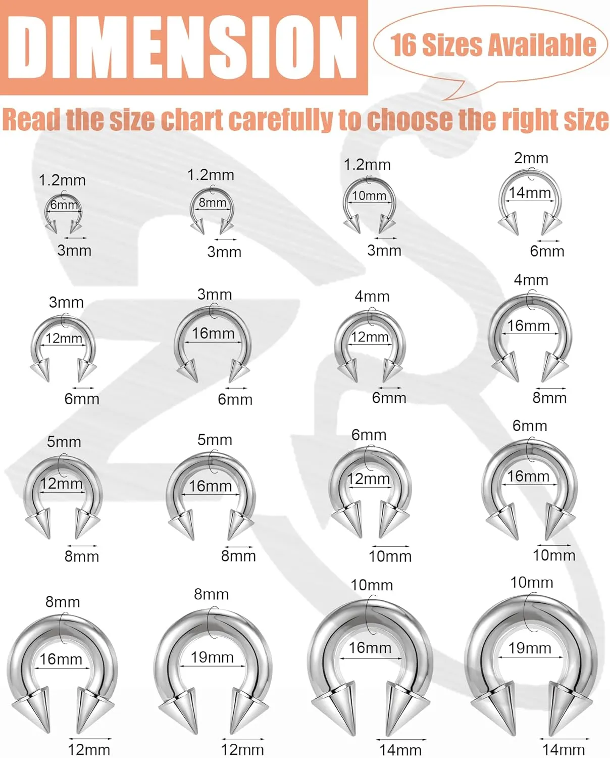 ZS Surgical Steel Spiked Horseshoe Circular Barbell, 00G 0G 2G 4G 6G 8G 12G 16G PA Rings, CBR Nose Septum Nipple Tragus Lip Ear Body Piercing Jewelry